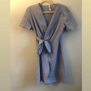 Blue and White Pinstripe Wrap Dress